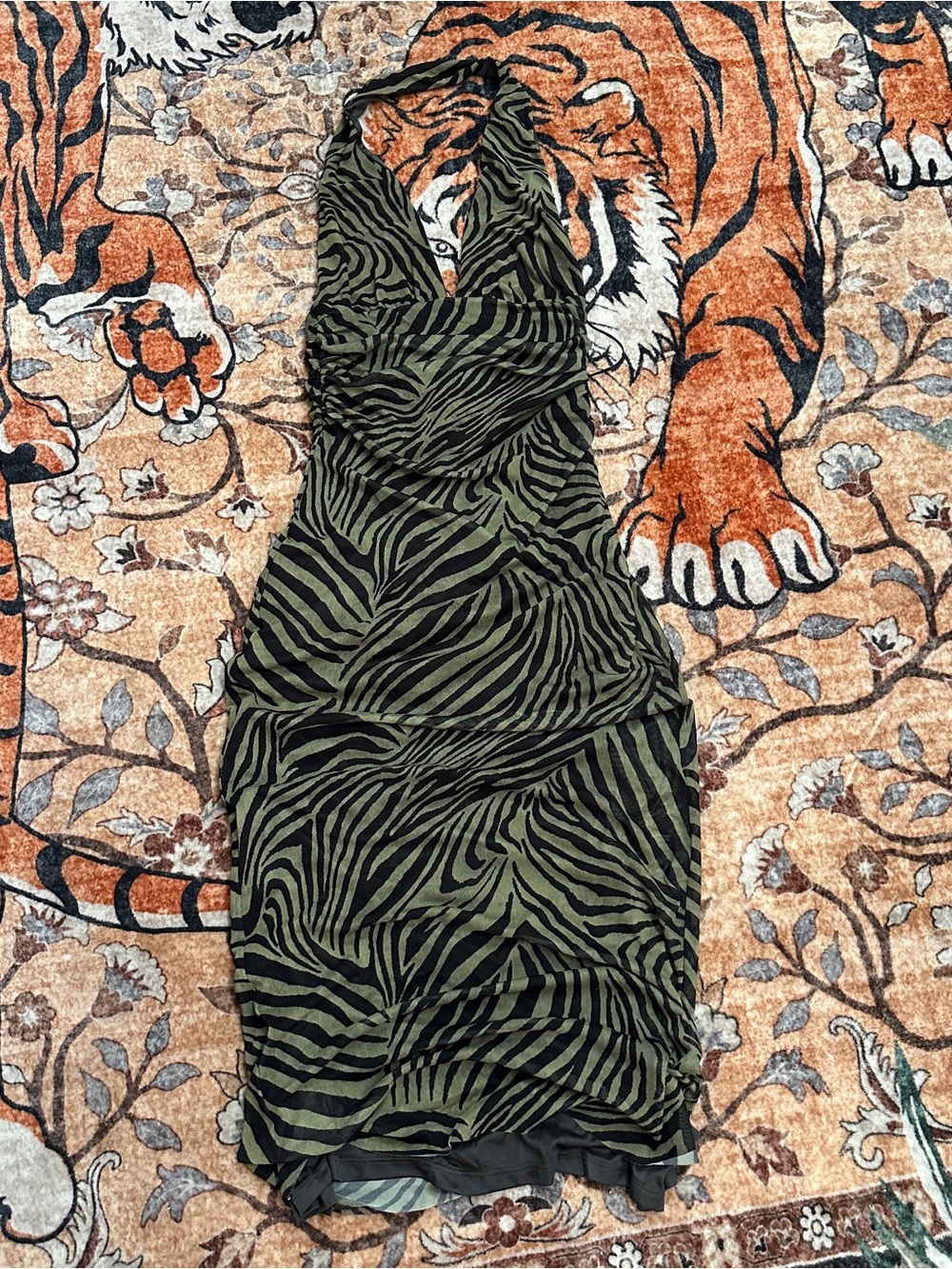 Zara Olive Green and Black Halter Zebra Dress